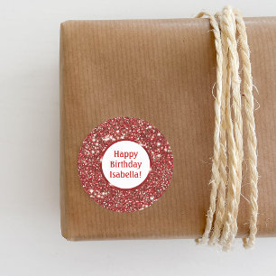 Modern Red Faux Glitter Look Custom Happy Birthday Classic Round Sticker