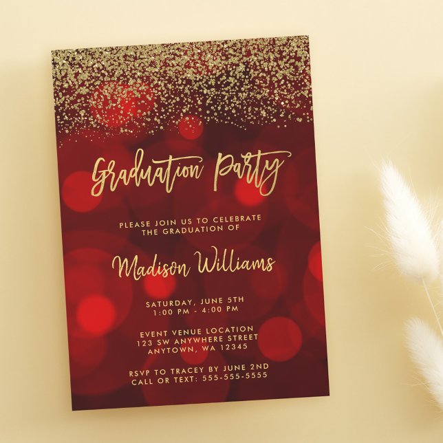 Modern Red Faux Gold Glitter Graduation Party Invitation (Creator Uploaded)