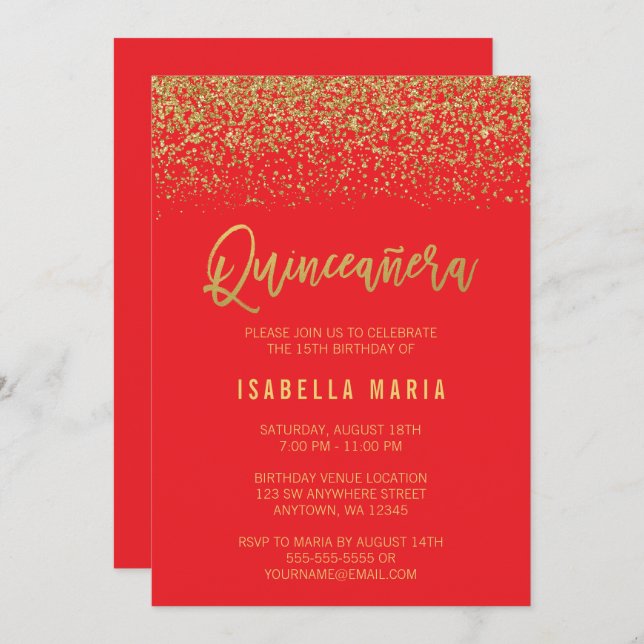 Modern Red Faux Gold Glitter Quinceanera Invitation (Front/Back)