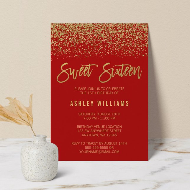 Modern Red Faux Gold Glitter Sweet 16 Invitation (Creator Uploaded)
