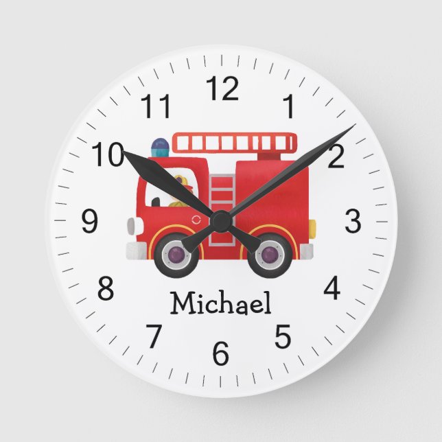 Modern Red Fire Truck Personalised Name Round Clock (Front)