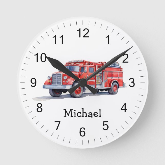 Modern Red Fire Truck Personalised Name Round Clock (Front)