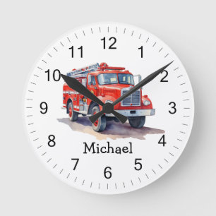 Modern Red Fire Truck Personalised Name Round Clock