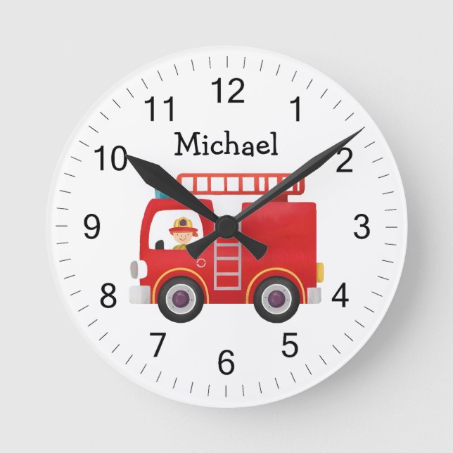 Modern Red Fire Truck Personalised Name Round Clock (Front)