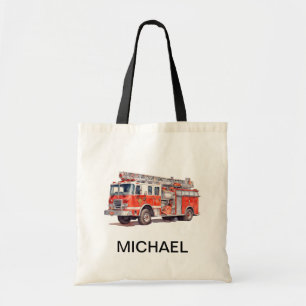 Modern Red Fire Truck Personalised Name Tote Bag