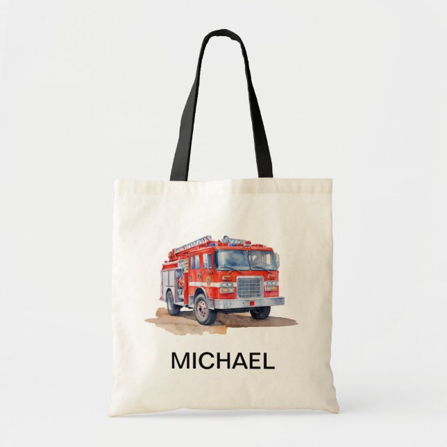 Modern Red Fire Truck Personalised Name Tote Bag (Front)