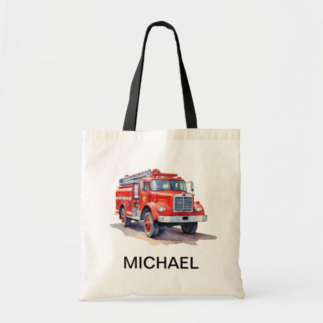 Modern Red Fire Truck Personalised Name Tote Bag (Front)