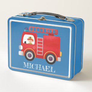 Modern Red Fire Truck Personalised Name Trucker Ha Metal Lunch Box