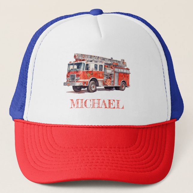 Modern Red Fire Truck Personalised Name Trucker Hat (Front)