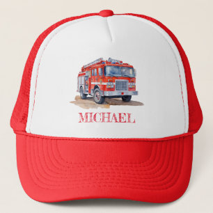 Modern Red Fire Truck Personalised Name Trucker Hat