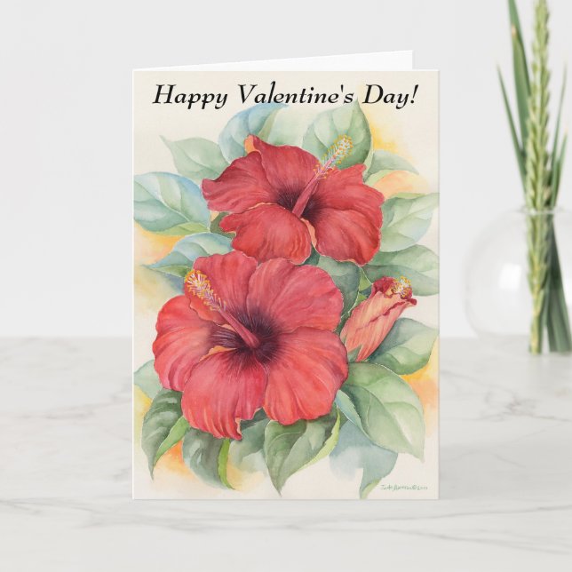 Modern Red Floral Hibiscus Valentine's Day Holiday Card (Front)