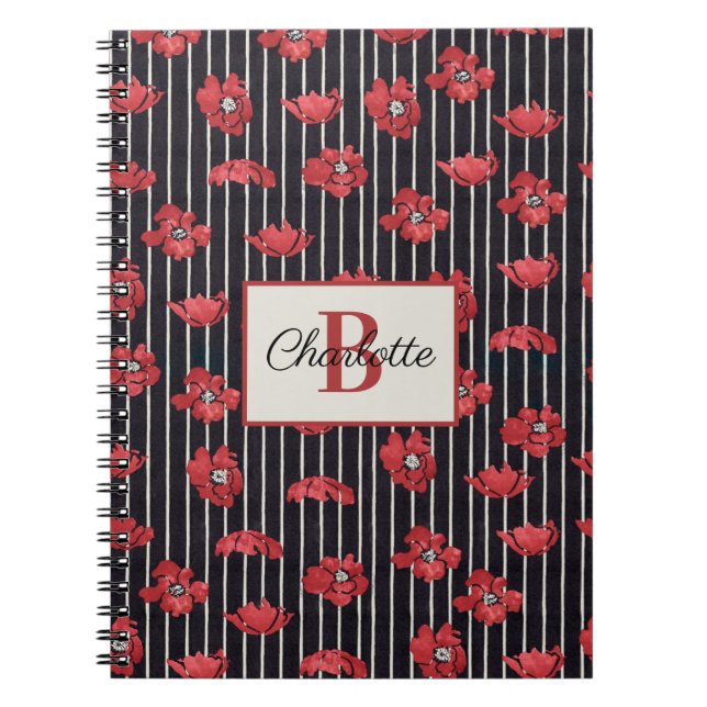 Modern Red Floral Monogram Spiral Photo Notebook (Front)