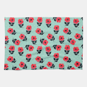 Modern Red Flowers Aqua Blue Polka Dots Tea Towel
