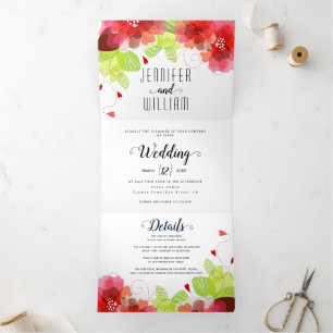 Modern red flowers, typography floral wedding Tri-Fold invitation