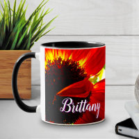 Modern Red Gerber Daisy Flower Script Custom Name