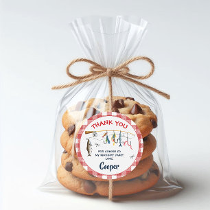 Modern Red Gingham Fishing Birthday  Classic Round Sticker