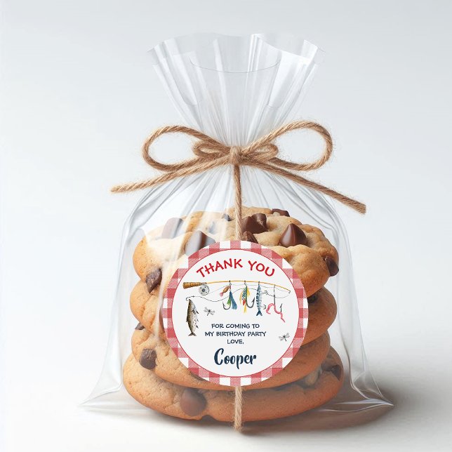 Modern Red Gingham Fishing Birthday  Classic Round Sticker (Ofishally One Birthday Sticker, Fishing Themed Birthday Sticker, Ofishal Birthday Sticker Gingham
)