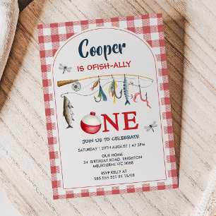 Modern Red Gingham Ofishally One 1st Birthday Invitation
