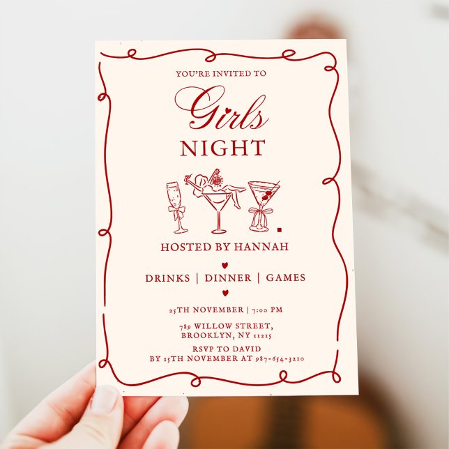 Modern Red Girls Night Dinner Party  Invitation (Creator Uploaded)