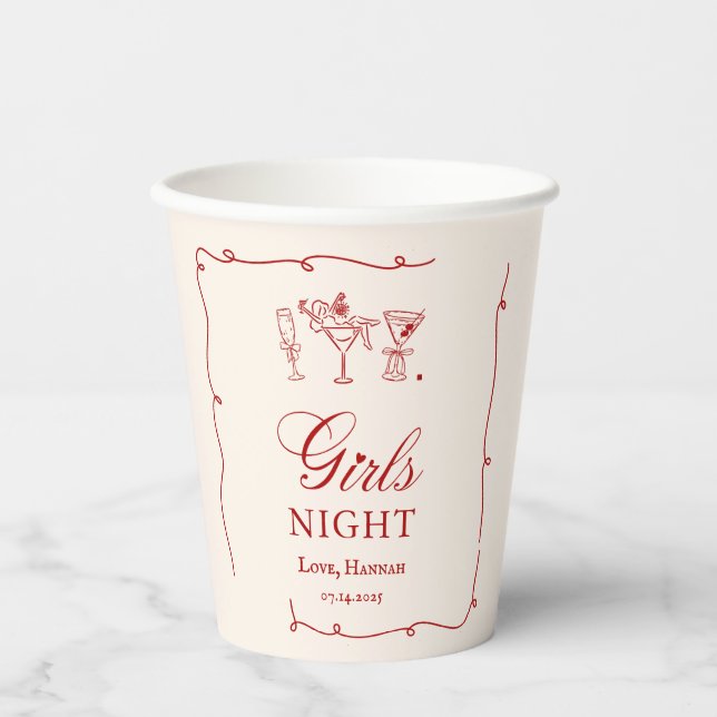 Modern Red Girls Night Dinner Party Paper Cups (Front)
