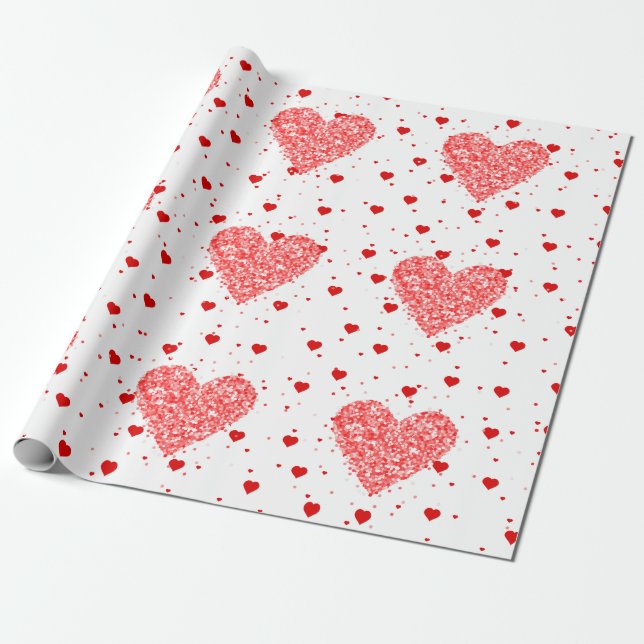 Modern Red Glitter Hearts Pattern Wrapping Paper (Unrolled)