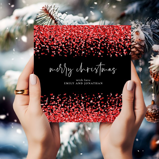 Modern Red Glitter Merry Christmas Black Invitation (Creator Uploaded)