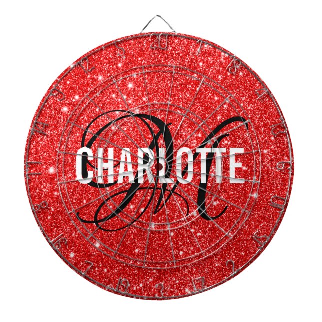 Modern red glitter monogram name dart board (Front)