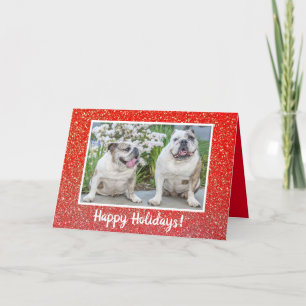 Modern Red Glitter Personalized Photo Name Holiday Card