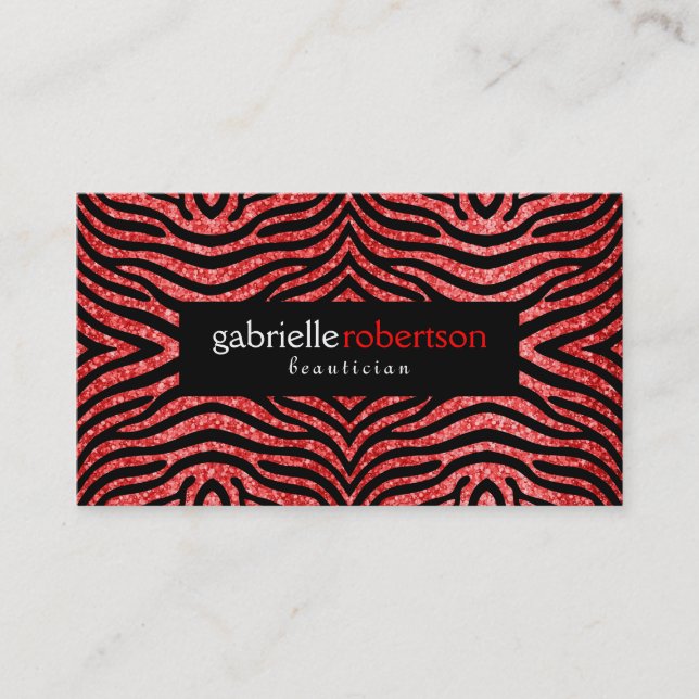 Modern Red Glitter With Black Zebra Print Business Card (Front)