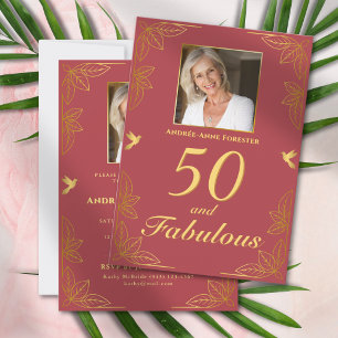 Modern Red Gold 50 Fabulous Birthday Invitation