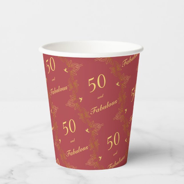 Modern Red Gold 50 Fabulous Birthday  Paper Cups (Front)