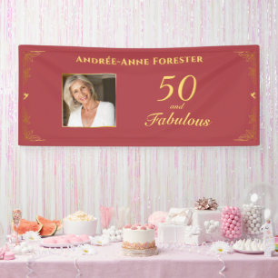Modern Red Gold 50 Fabulous Birthday Photo Banner