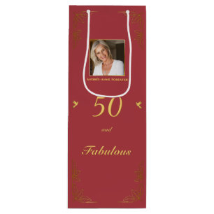 Modern Red Gold 50 Fabulous Birthday Photo Wine Gift Bag