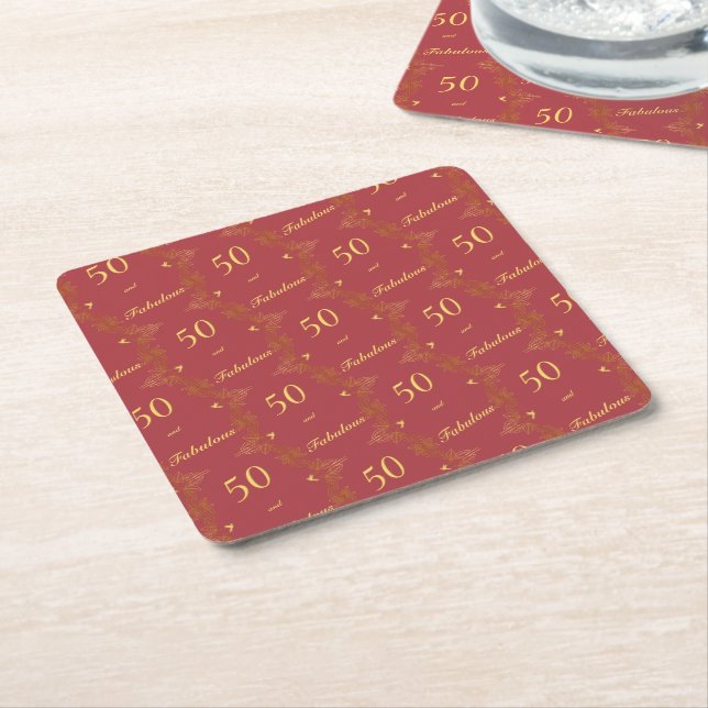 Modern Red Gold 50 Fabulous Birthday  Square Paper Coaster (Angled)