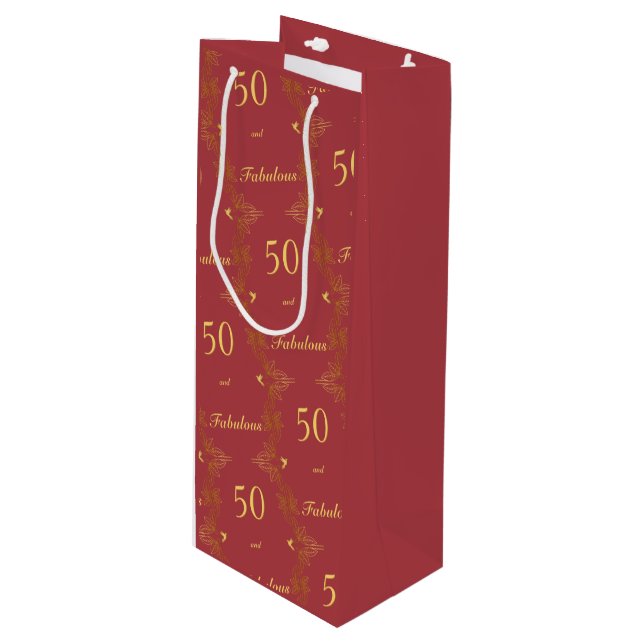 Modern Red Gold 50 Fabulous Birthday Wine Gift Bag (Front Angled)