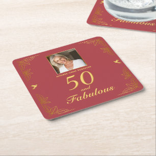 Modern Red Gold 50 Fabulous Photo Birthday  Square Paper Coaster