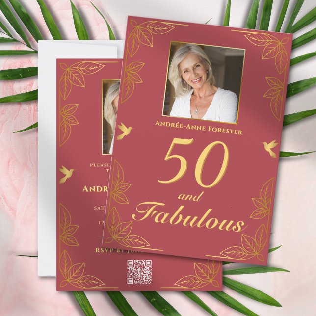 Modern Red Gold 50 Fabulous QR Code Birthday Invitation (Creator Uploaded)