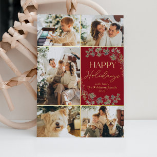 Modern Red Gold 5 Photo Frame Holiday Card