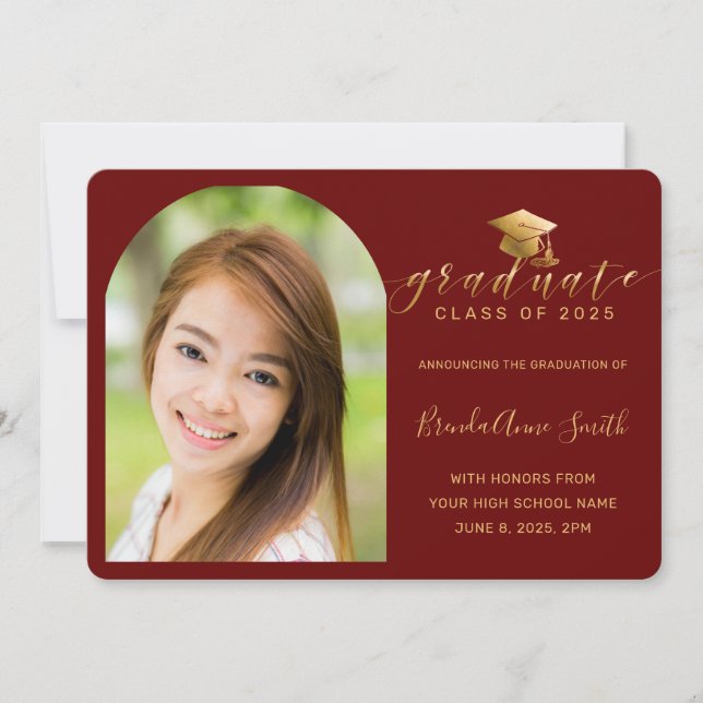 Modern Red Gold Cap Script Arch Photo Graduation Announcement (Front)
