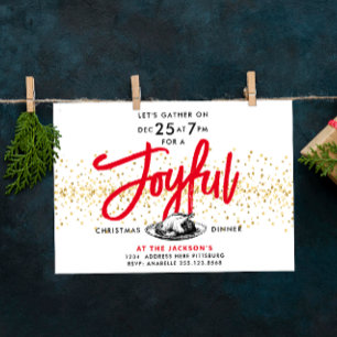 Modern Red Gold Christmas Joy Turkey Dinner Script Invitation