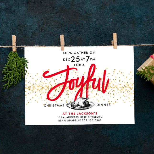 Modern Red Gold Christmas Joy Turkey Dinner Script Invitation (Creator Uploaded)