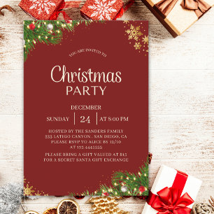 Modern Red & Gold Christmas Party Invite