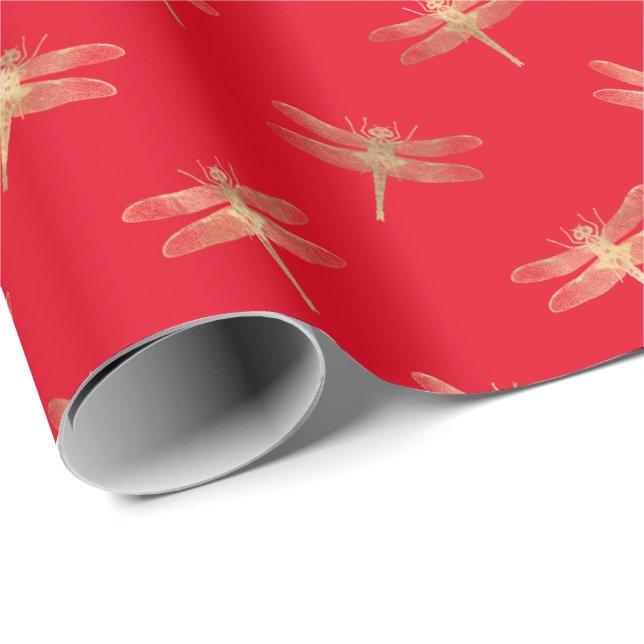 Modern Red Gold Dragonfly Pattern Wrapping Paper (Roll Corner)