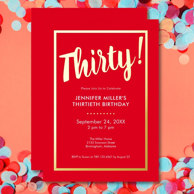 Modern Red & Gold Foil 30th Birthday (Modern Red & Gold Foil 30th Birthday Foil Invitation)