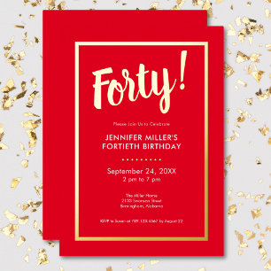 Modern Red & Gold Foil 40th Birthday