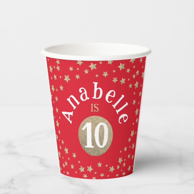 Modern Red Gold Glitter Galaxy Stars Birthday  Paper Cups (Front)