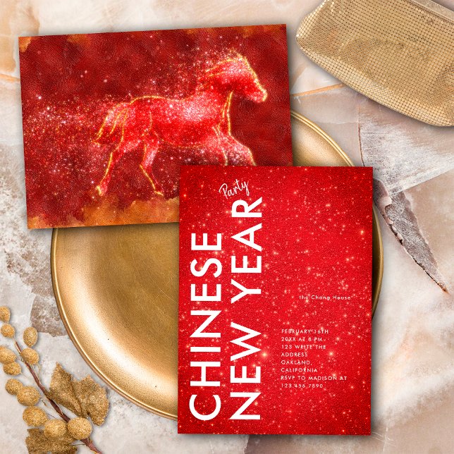 Modern Red Gold Glitter Horse 2026 Lunar New Year Invitation (Creator Uploaded)