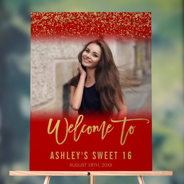 Modern Red Gold Glitter Sweet 16 Photo Welcome Acrylic Sign (Neutral)
