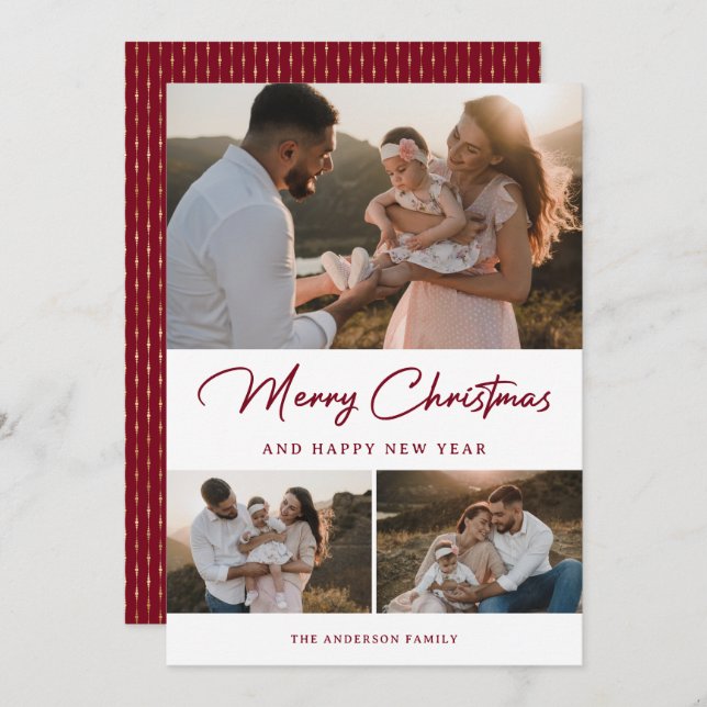 Modern Red Gold Photo Collage Holiday Card (Front/Back)