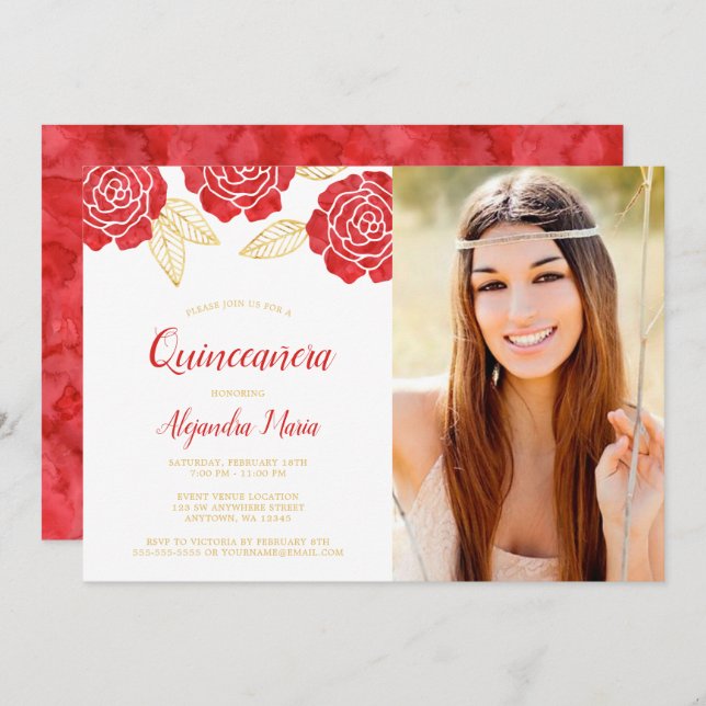 Modern Red Gold Roses Quinceanera Photo Invitation (Front/Back)